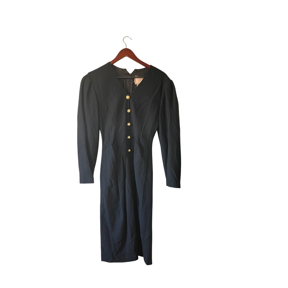 Vintage Black Pure 100% Wool Midi Dress Gold Pearl Buttons‎ Womens 4 goth